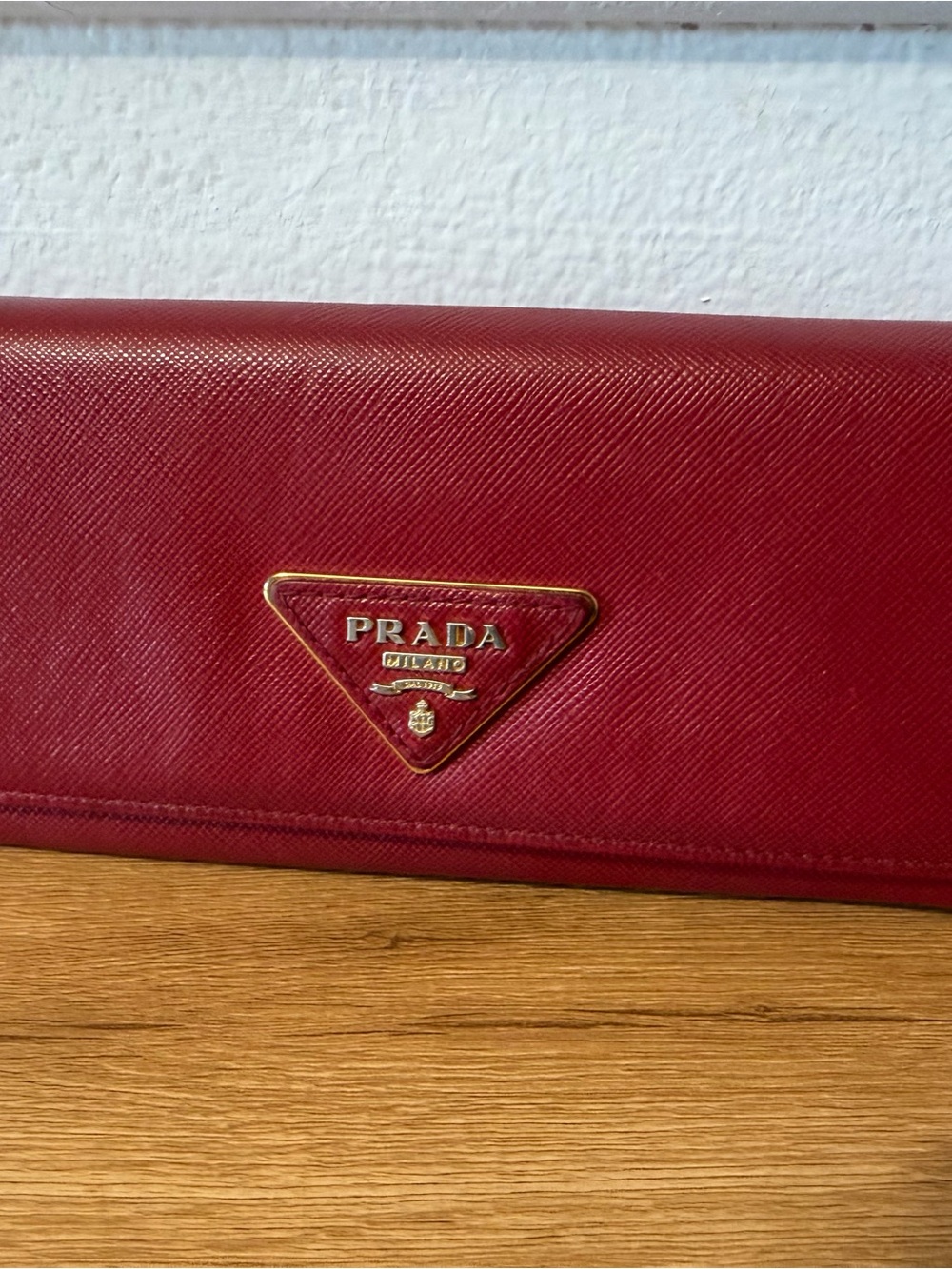 Prada Saffiano Leather Continental Wallet in Deep Red with Gold Logo